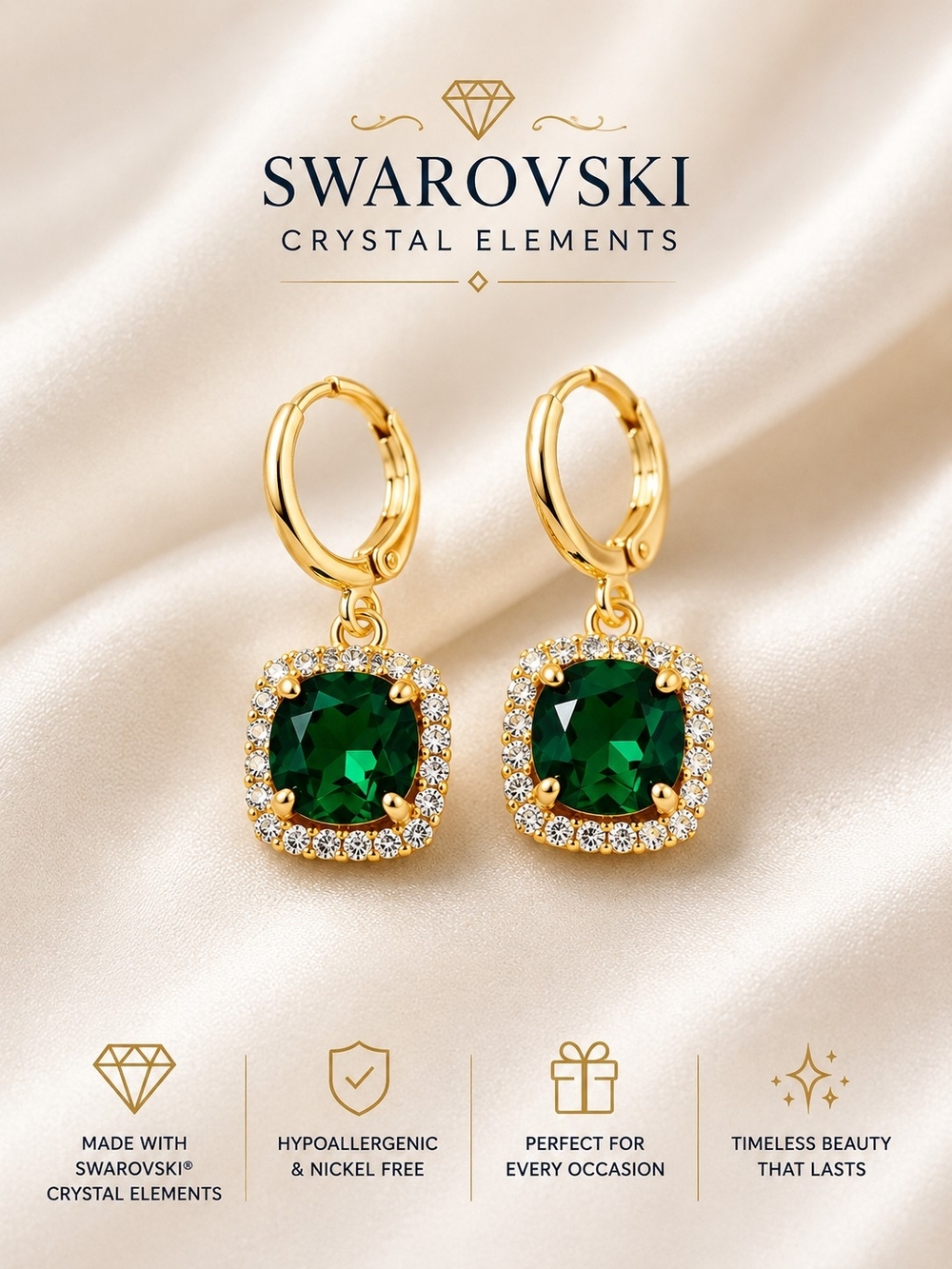 Gold-Tone Emerald Green Crystal Drop Earrings